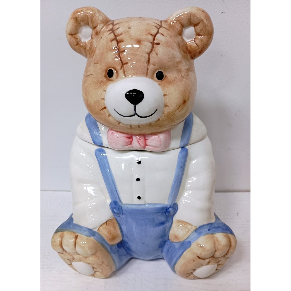 Vintage Teddy Bear Cookie Jar Blue Tan Ceramic Country Kitchen Decor